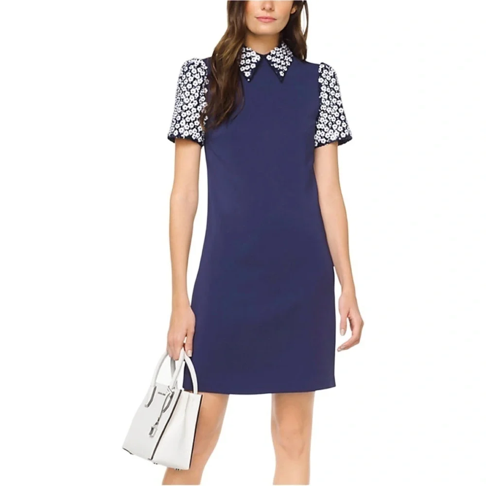 Michael Kors Floral Appliqué Collared Shift Dress Navy Blue and White Size 8